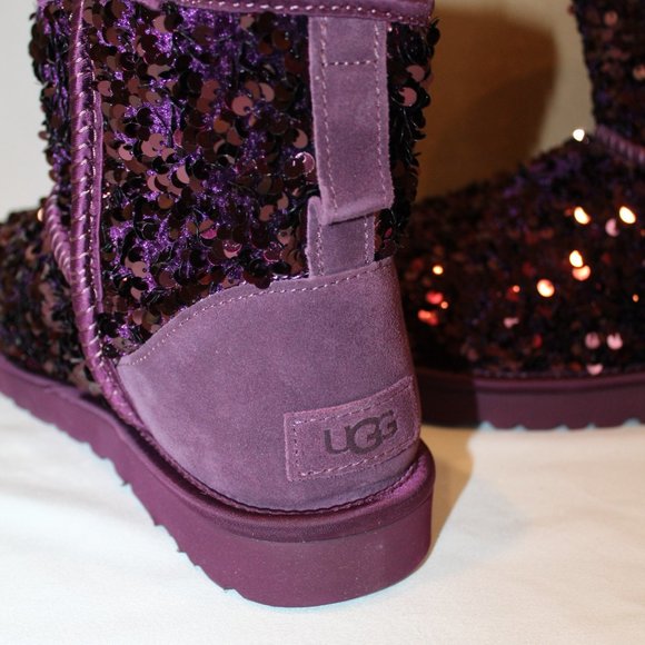 NIB UGG MINI WOMEN'S STELLAR SEQUIN SHEARLING LINED ANKLE BOOTS PORT BURGUNDY - Picture 6 of 8